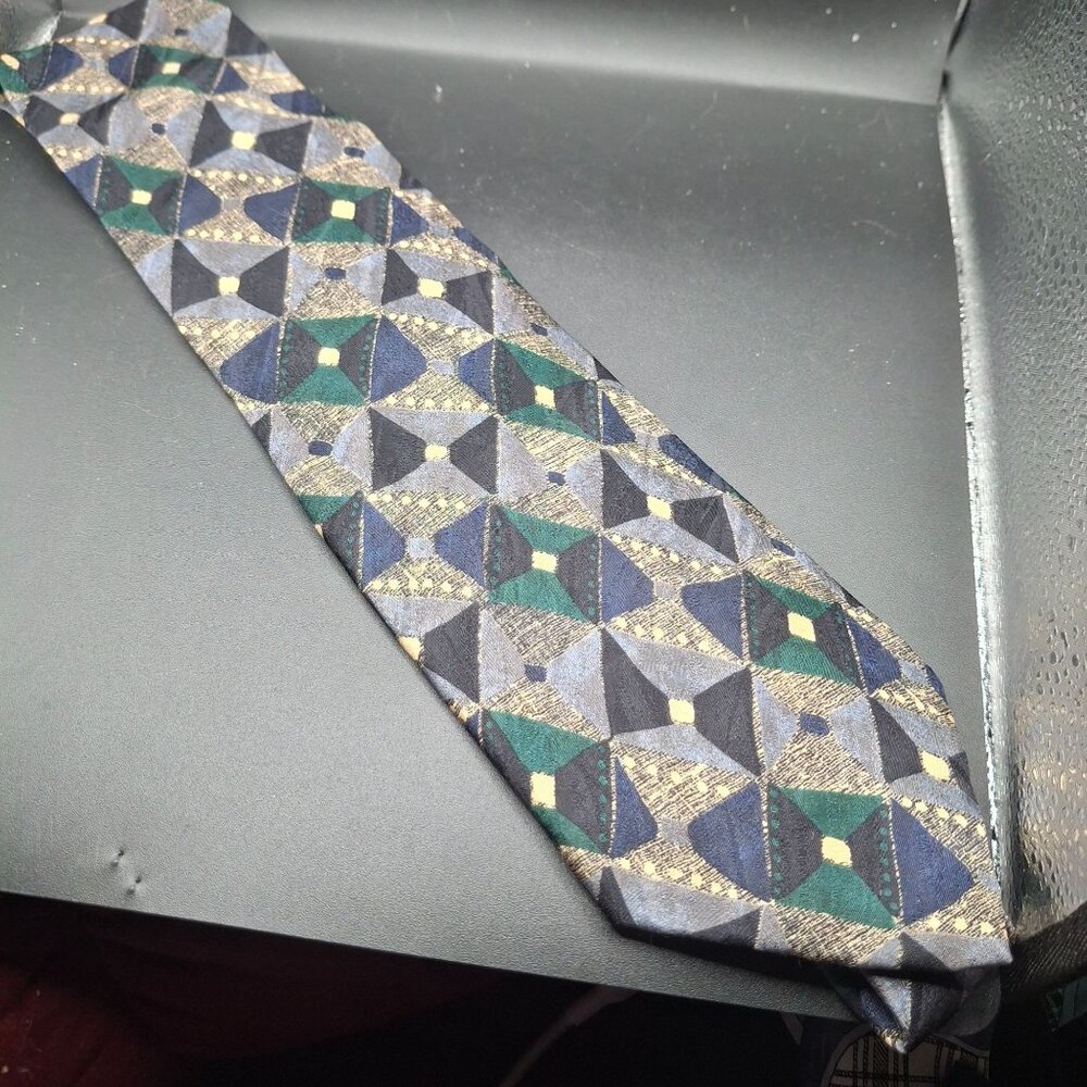 G.J. Cahn Vintage Silk Tie Green & Blue Geometric Pattern 3.5" Width Hand-Sewn